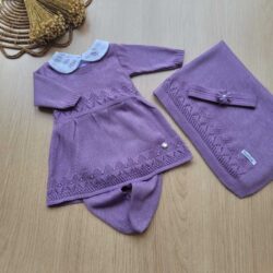 Saída maternidade menina vestido Gabriela lilás tricot 5 peças completa
