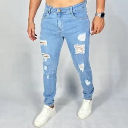 Calça Jeans Masculina Rasgada Premium Skinny Elastano Lycra Azul Céu