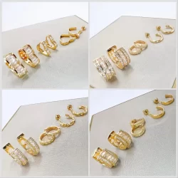 Kit 3 pares brincos femininos coracao e redondo cravejado pedra de zirconia folheado a ouro18k e prata 925