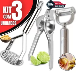 Kit 3 Peças Descascador de Legumes Amassador de Batatas Espremedor de Limão em Aço Inox