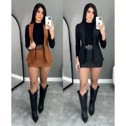 Conjunto Colete com Short Saia Couro Fake Moda Feminina