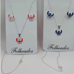 Colar e Brincos Folheados  a Prata e Ouro Lilo & Stitch Conjunto