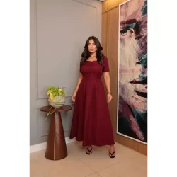 Vestido Longo Feminino Liso Com Elastex atrás na cintura e forro/ Gola Quadrada- Moda Evangélica