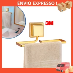 Suporte Toalha Rosto Adesivo 3M Sem Furo Banheiro Dourado Moderno Resistente 20x6x8cm