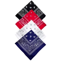 4 Bandanas Estampadas Lenço Em Poliéster Preto Vermelho Branco Azul