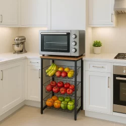 Fruteira De Chão Para Cozinha Preto Fosco Em Aço Carbono Tampo MDF Amadeirado