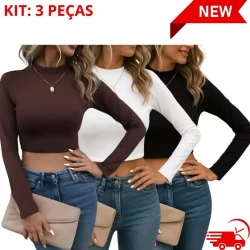 KIT 3 Peças Blusa Cropped Feminino Gola Alta Manga Longa – Conforto e Estilo