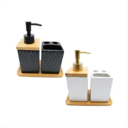 Kit Lavabo Luxo Porta Escova de Dentes Sabonete Liquido Bandeja de Bambu Porcelana Quadrado