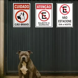 Placa de Sinalização Plástico Cão Bravo Proibido Estacionar Guincho Placa Adesivo Dupla Face 20x30cm