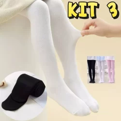 KIT com 3 Meia calça infantil KIDS Frio Inverno Para  criança Menina Branca/Preto 1-12anos