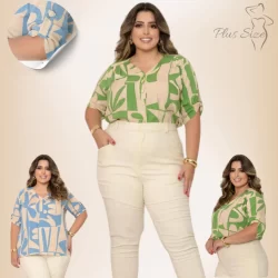 Plus Size Camisa Social Feminina Curve Casual Manga ¾ em Viscolinho Conforto e Estilo
