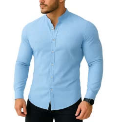 Camisa Slim Blusa Social Masculina Manga Longa Gola Mandarim