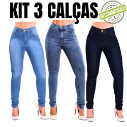 Kit com 3 Calças Jeans Feminina Skinny Cintura Alta com Lycra
