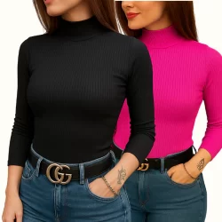 Kit 2 Blusas Cacharrel Feminina Manga Longa Malha Canelada