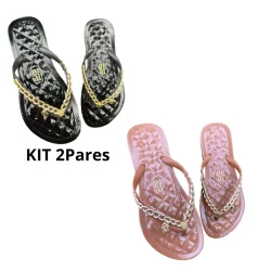 Kit 2 Pares Chinelo Feminino Confort Corrente Luxo Palmilha Bordada Verniz