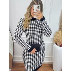 Vestido Midi Feminino Manga Comprida Gola Malha Tricot Inverno Coladinha Xadrez Luxo Festa Junina
