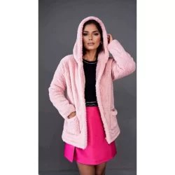 Casaco Teddy Outono Inverno Com Capuz Bolsos Sobretudo Feminino Pelúciado