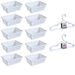 Kit 10 Cesto Organizador e 10 Cabide Infantil Branco Transparente Rosa Azul