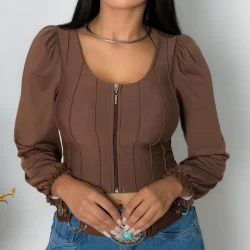Blusa femenina cropped manga longa com bojo e ziper Tamanho único