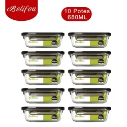 Belifou Conjunto 10 Potes 680ML Vidro Hermético 4 Travas Com Orifícios De Ar - Hestia