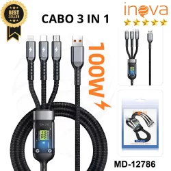 Cabo Inova 3 em 1 – Carregamento Ultra Rápido 100W com Saída Inteligente Tripla
