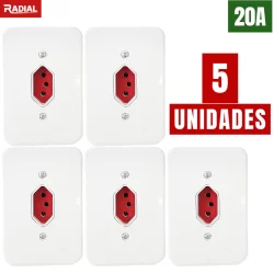 Kit 5un Tomada 20A Vermelha Simples Completa Bivolt 250V