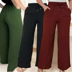 Calça Pantalona Feminina Wide Leg Tecido Duna Cintura Alta com Bolso
