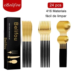 Belifou Kit 24 Jogo De Talheres Aço Inoxidável 416 Preto Dourado - Mars