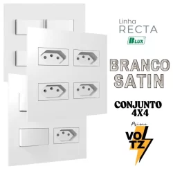Conjunto Tomada Branca 4x4 10a 20a Interruptor Simples Paralelo Recta Branco Satin Fosco BLUX