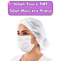 Kit 100un Touca Descartável TNT  + 50un Máscara Tripla Descartável cor BRANCA Hospitalar Higiene Clinica