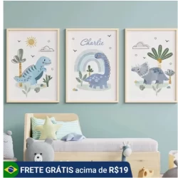 Quadro decorativo 3 peças 40x60 Dinossauro Tiranossauro Azul celeste BOHO para quarto infantil criança bebê menino