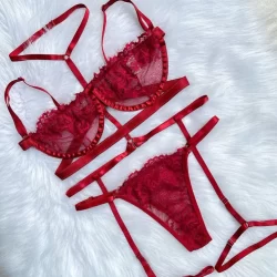 Kit Conjunto Lingerie Gringa Sexy Sutiã Meia Taça + Calcinha Com Regulagem + Cinta Liga Inteira