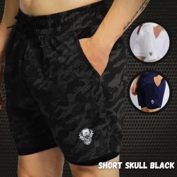 Bermuda Short Masculino Skull Black 2 em 1 Forro Duplo Fitness para Atividades físicas academia