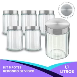 Kit 6 Pote De Vidro Redondo Com Tampa De Rosca Inox 1,1L Resistente Mantimentos