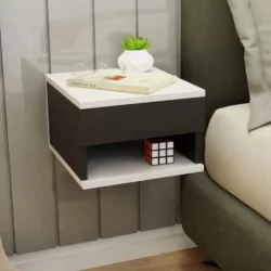 Mesa De Cabeceira Cor Preto Branco Mesinha Suspenso Com Gaveta e Nicho MVD Móveis