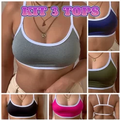 Kit 3 Top Cropped Forrado de Academia Costas Nua Fitness Tendência