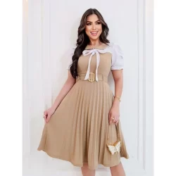 vestido midi bicolor plissado manga curta vestidos evangelicos