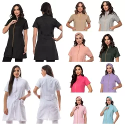 Jaleco Várias Cores Feminino Acinturado Oxford Gola Padre Ziper Manga Curta Malta