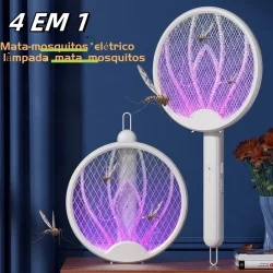 Raquete Elétrica 4 em 1 USB Recarregável Mata Mosquitos Moscas com Luz UV Dobrável -M5