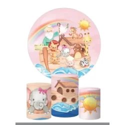 Kit Arca de Noé  para Festa Sublimado com Painel Redondo mais 3 Capas de Cilindros com elástico
