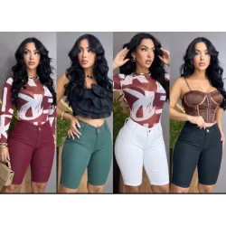 Bermudas Ciclista Feminina Colorida Cós Alto Modelagem com Pinça