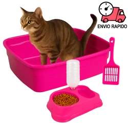 Kit Caixa de Areia Para Gato Grande com Pá Higiênica + Comedouro e Bebedouro Gatos Bandeja Gatos