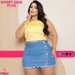 Short saia Jeans Plus Size Feminino, Cintura Alta, Com Lycra