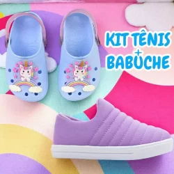Kit Tênis Infantil Escolar Menina + Sandália Babuche Feminina Confortável Sem Cadarço
