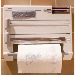 Dispenser 6 em 1 Cortador Papel Filme Aluminio Porta Papel Toalha Tempero Organizador de Cozinha