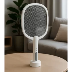 Raquete Elétrica Mata Mosquito Recarregável 2 em 1 com Base USB e Luz UV Atrativa Decorativa Abajur