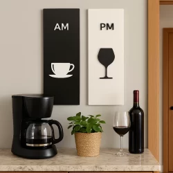 Kit de Quadros em MDF AM PM Decoração para Cozinha Sala com Design de Café e Vinho Conjunto Par