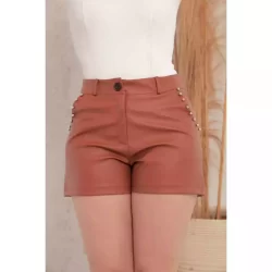 Short Feminina em Couro Fake Cintura Alta com Strass no Bolso