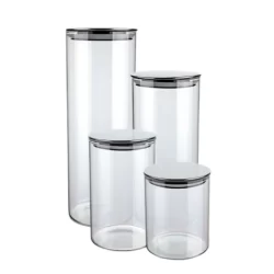 Conjunto 4 Potes Herméticos Vidro Borossilicato Tampa em Inox  Prata ou Rose 1,8L/1,4L/1L/700ML