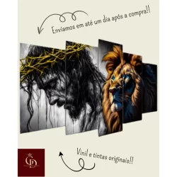 Kit Quadros Decorativos Mosaico 5 Peças Leão Judá Jesus Salmo  Frase Bíblia Fé tamanho grade 1,80x60
